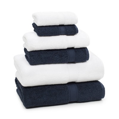 navy and white bath towels