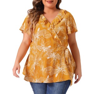 Agnes Orinda Women's Plus Size Ruffle Neck Floral Wrap Tie Waist Blouse - 1 of 4