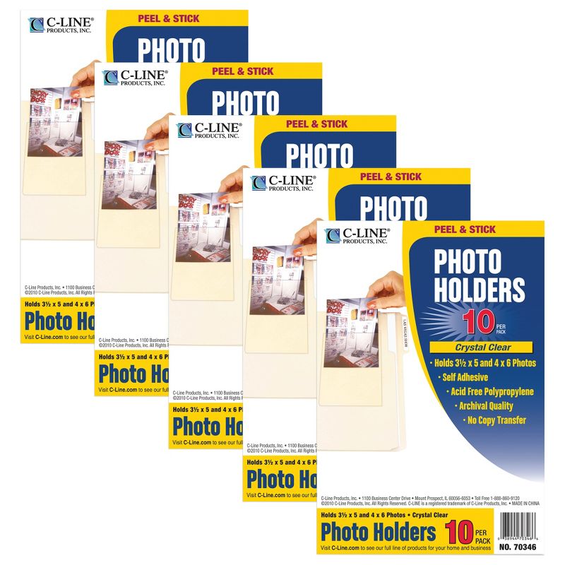 C-Line® Peel & Stick Photo Holders, Clear, 4" x 6", 10 Per Pack, 5 Packs, 1 of 5