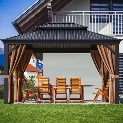 Black Aluminum and Steel Hardtop Gazebo with Curtains, 10' x 12'