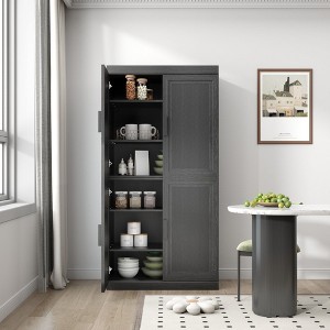 62"x31"x16" Wood Grain Buffet Cabinet in Black, Storage Organizer with Adjustable Shelves and Rattan Doors for Kitchen Bedroom Living/Dinning Room - 1 of 4
