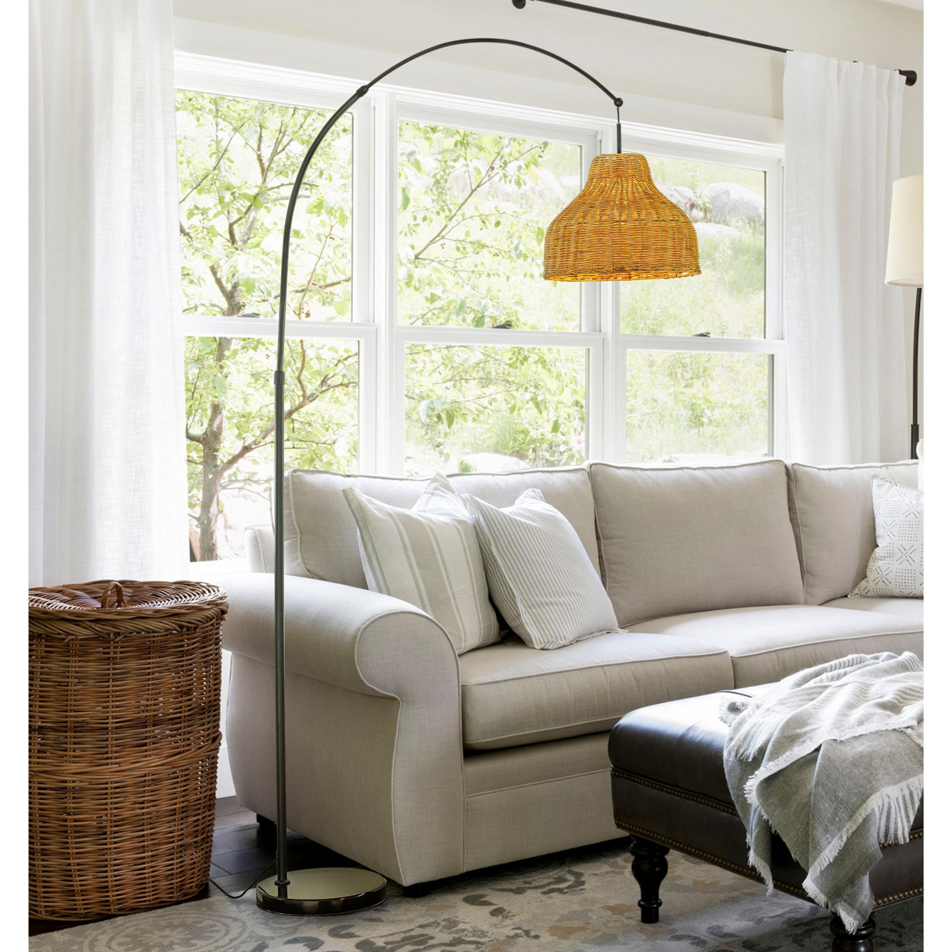 ALOADECOR 75" 1-Light Matte Black Arc Floor Lamp with Brown Rattan Shade and Marble Base