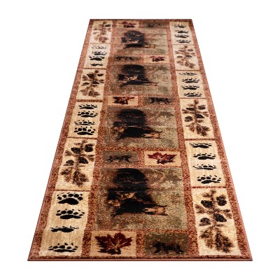 Emma and Oliver Accent Rug with Mother Brown Bear and 2 Cubs Nature Scene and Leaf and Bear Track Detailing for Home, Cabin or RV