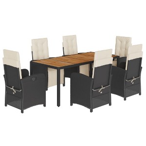 vidaXL 7 Piece Patio Dining Set with Cushions - Black Poly Rattan, Adjustable Reclining Garden Chairs, Acacia Wood Table for Garden, Patio, Deck - 1 of 4
