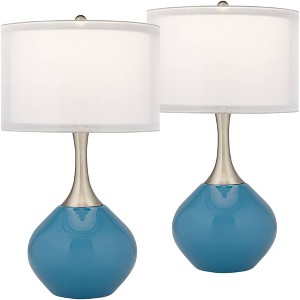Possini Euro Design Modern Coastal Table Lamps 30 3/8" Tall Set of 2 Blue Glass White Drum Shade Decor for Bedroom Living Room - 1 of 4