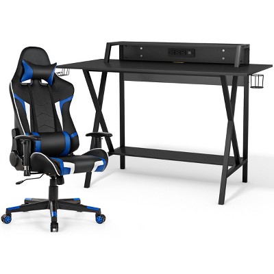 Tangkula Gaming Desk& Massage Gaming Chair Set Gamer Workstation with Headphone Hook