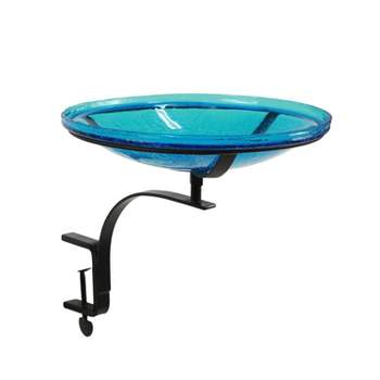 13.7" Reflective Crackle Glass Birdbath Bowl with Rail Mount Bracket Teal Blue - Achla Designs