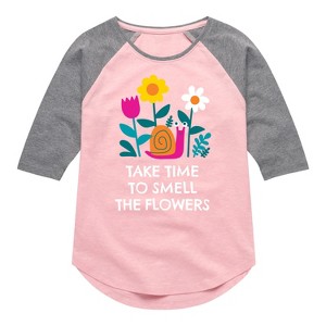 Girls' - Instant Message - Smell The Flowers Snail Shirt Tail Raglan Graphic T-shirt - 1 of 4