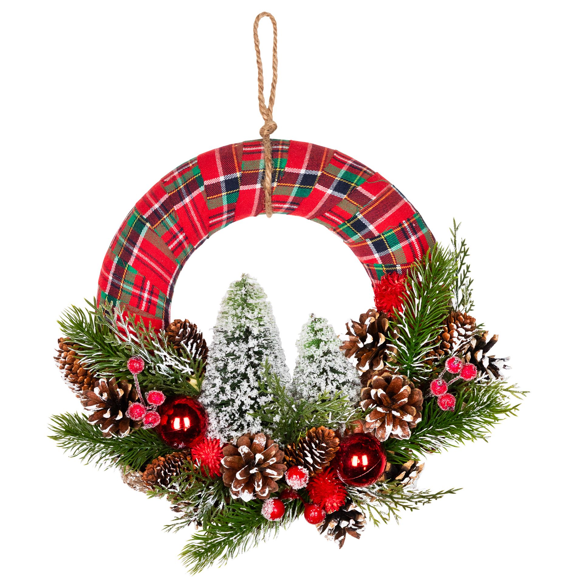 Northlight Frosted Trees and Pinecone Plaid Artificial Christmas Wreath - 13.5" - Unlit