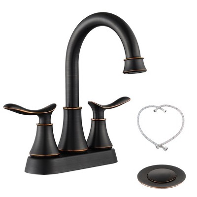 2-Handle 4-Inch Brushed Gold Bathroom Faucet, Bathroom Vanity Sink Faucets with Pop-up Drain and Supply Hoses