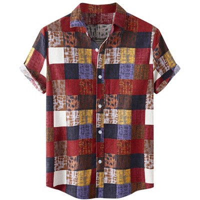 INSPIRE CHIC Men's Summer Beach Checked Short Sleeve Color Block Hawaiian Plaid Shirts