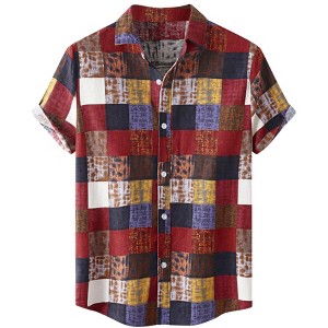 INSPIRE CHIC Men's Summer Beach Checked Short Sleeve Color Block Hawaiian Plaid Shirts - 1 of 4
