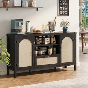 Rattan Sideboard Buffet Cabinet with Drawer & Open Shelves, Boho Farmhouse Coffee Bar for Kitchen, Dining or Living Room - 1 of 4