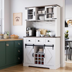 72" Farmhouse Bar Cabinet with Sliding Barn Door, Tall Kitchen Buffet with Storage Hutch and 3 Drawer - 1 of 4