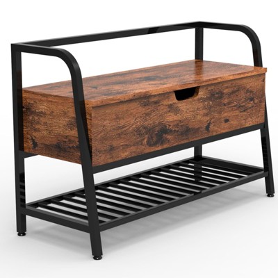 Homhougo Vintage Shoe Storage Bench, Industrial Indoor Entryway Shoe Bench, Lift Top Shoe Organizer Cabinet Brown