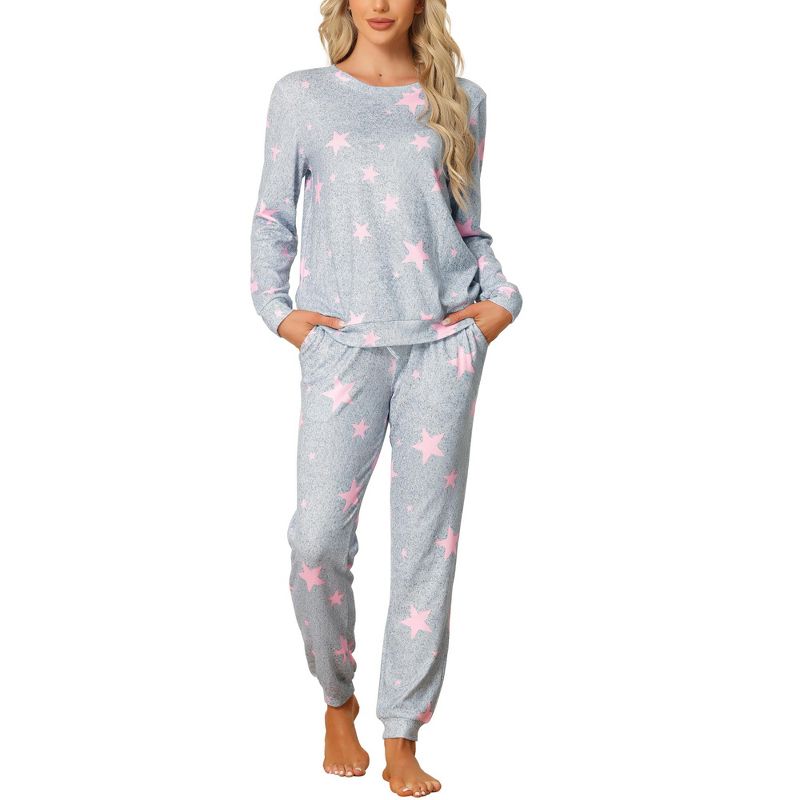 cheibear Women's Kint Long Sleeve Sleepshirt with Long Pants Printed Pattern 2 Pieces Pajama Sets, 1 of 6