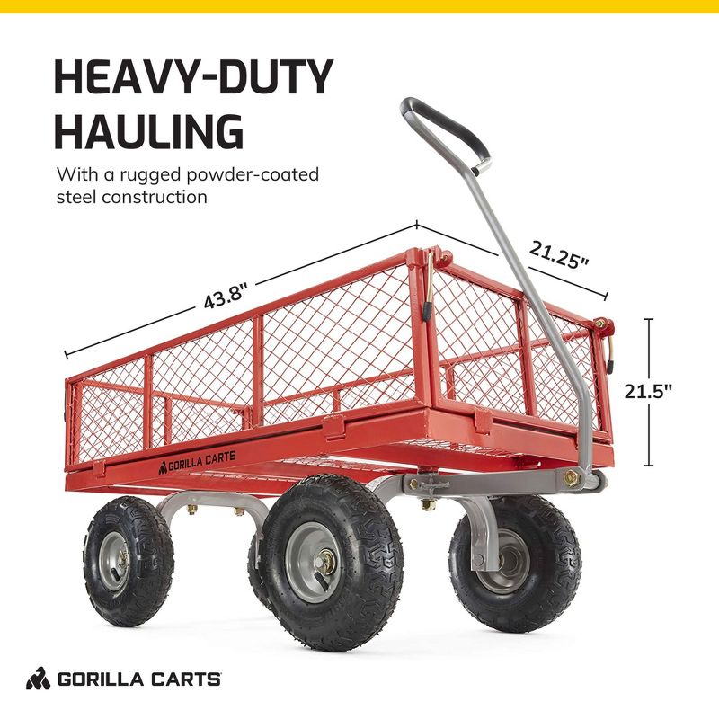 Gorilla Cart 800lbs. Capacity Heavy Duty Durable Steel Mesh Flatbed Garden Utility Wagon - Red, 5 of 8
