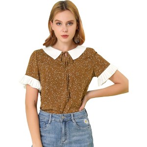 Allegra K Women's Contrast Doll Collar Polka Dots Short Sleeves Blouse - 1 of 4