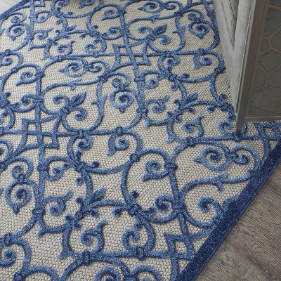 Aloha Contemporary Scroll 5'3" Round Blue/Grey Outdoor Rug