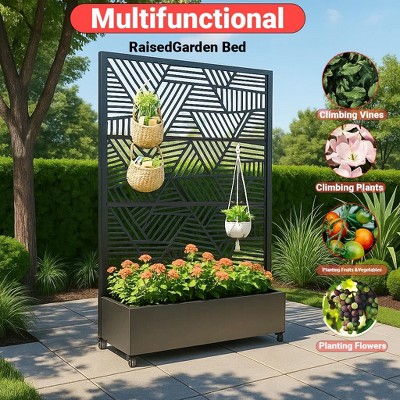 Metal Privacy Screen With Wheels, Galvanized Steel Garden Trellis & Planter Box for Climbing Plants/Vines– Galvanized Raised Garden Bed