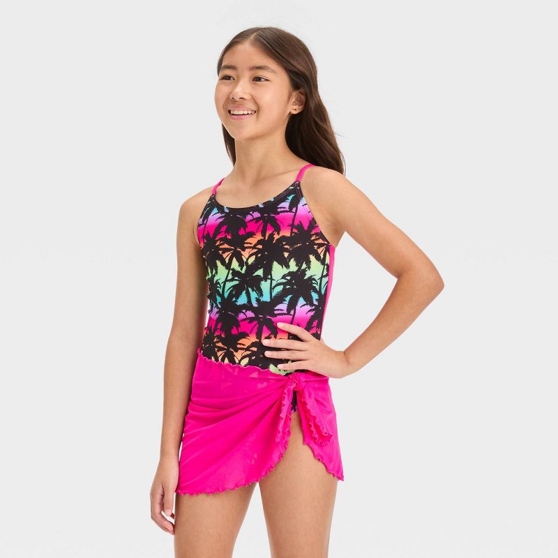 Girls&#39; Tropical Ombre Abstract Printed One Piece Swimsuit Set - art class&#8482;, 1 of 6