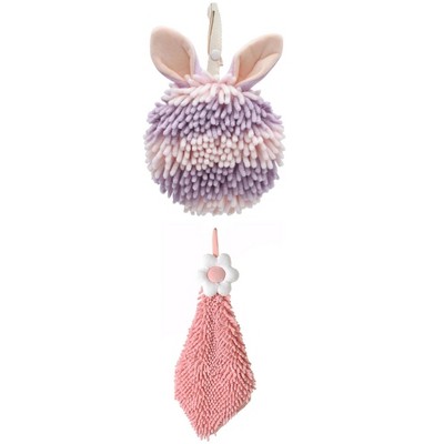 REGALWOVEN 2 Packs Soft Absorbent Flower and Rabbit Shape Decorative Chenille Hand Towel for Bathroom 6" x 15"/7" x 7"