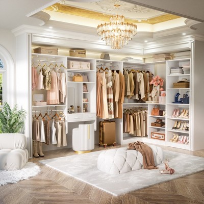 Aheaplus 131'' - 156'' Corner Closet Organizer with Makeup Vanity, Closet System with Shoe Rack and Tower Shelves