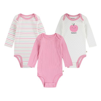 Image of Huggies Baby Girls' 3pk Food & Flowers Organic Long Sleeve Bodysuit - Pink/Yellow/White 6M