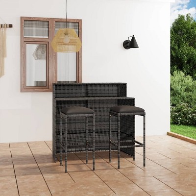 vidaXL 3-Piece Outdoor Patio Bar Set in Gray - PE Rattan, Powder-Coated Steel & 100% Polyester Fabric, Weather-Resistant, Removable Cushions