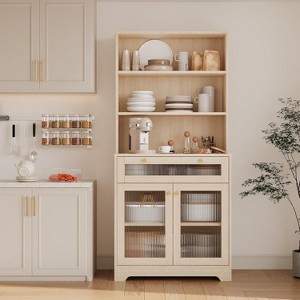 Acekool Kitchen Pantry Cabinet with Glass Doors, 3-Tier Open Shelf & Drawer, Adjustable Shelves, Coffee Bar Table for Kitchen & Dining Room, White - 1 of 4