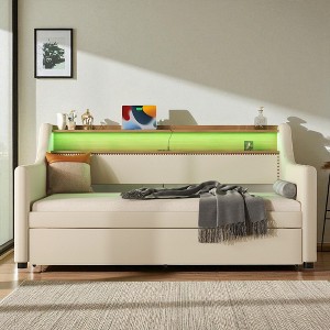 Twin Size Upholstered Daybed with Trundle, PU Leather Sofa Bed with Storage Headboard, LED Lights & Charging Station for Bedroom or Guest Room - 1 of 4