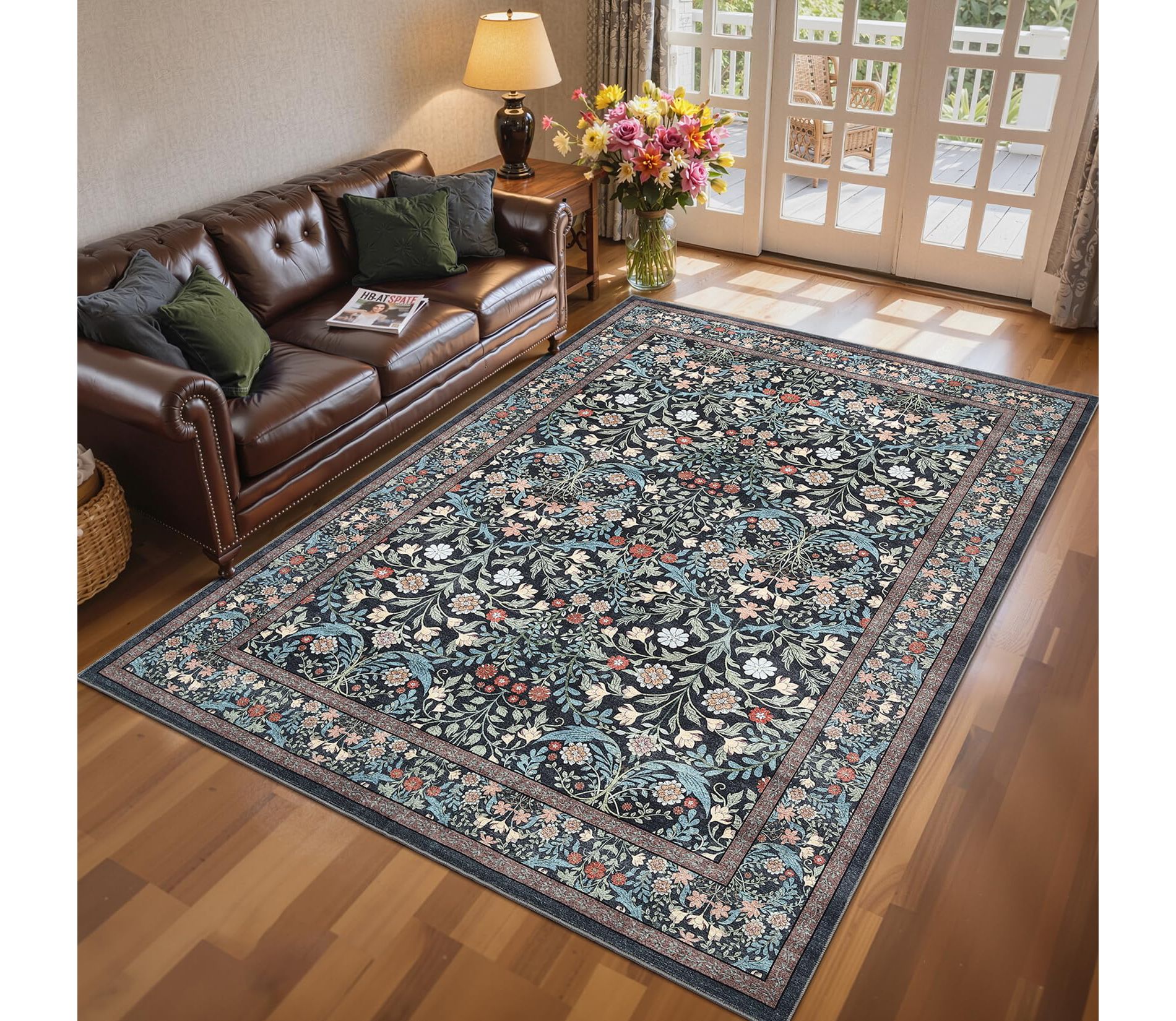 Washable Vintage Floral Area Rug, Low-Pile Non-Slip Soft Mat, Stain Resistant Boho Farmhouse Rug for Living Room Bedroom – Black, 8x10ft