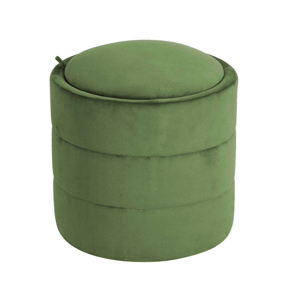 Storage Round Ottoman Green Velvet - HomePop: Upholstered Footstool, No Assembly, Polyester