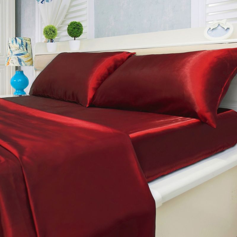 Cypress Luxury Linen Silky Smooth Satin Sweet Dreams 4 Piece Sheet Set - Red - Queen, 3 of 7