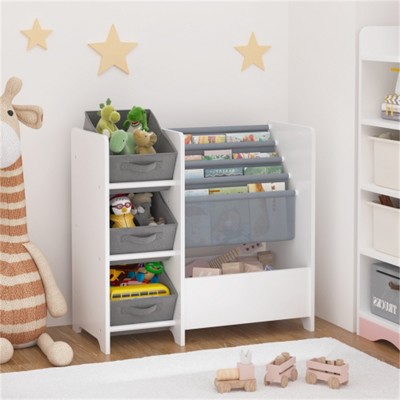 YONWAY Kids Bookshelf and Toy Storage Organizer, Multifunctional 4 Tier Kids Book Shelf with 3 Collapsible Drawers for Hallway,Living Room and Bedroom