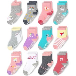 Cozyway Non-Slip Crew Grip Toddler Socks, 12 Pack for Girls, Rainbow/Heart/Animals, 3-5 Years Old - 1 of 4
