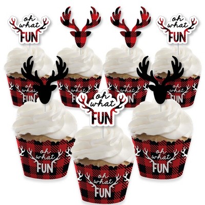 Big Dot of Happiness Prancing Plaid - Cupcake Decoration - Reindeer Holiday and Christmas Party Cupcake Wrappers and Treat Picks Kit - Set of 24