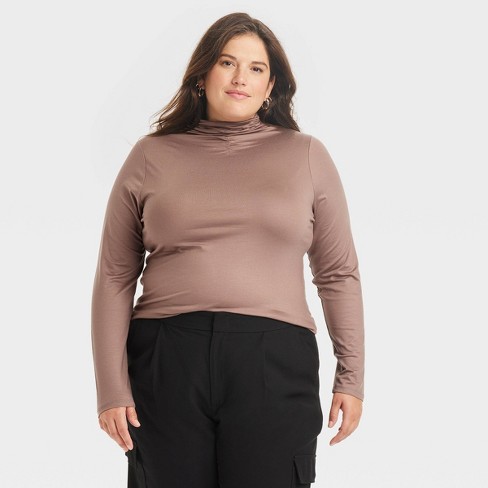 Women's Ruched Mock Turtleneck Long Sleeve T-shirt - A New Day™ Tan 4x :  Target