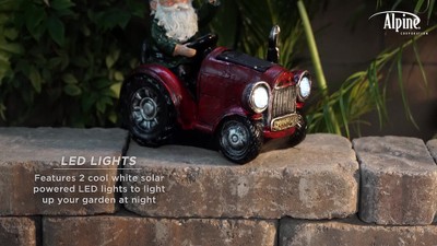 10" Red Polyresin Tractor Riding Gnome with LED Lights