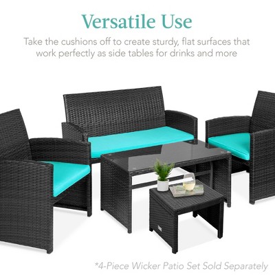 Patio Wicker Ottomans with Removable Cushions and Steel Frame - Black/Teal