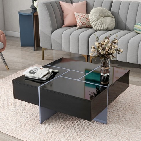 Coffee Table With 4 Hidden Storage Compartments, Square Cocktail Table ...