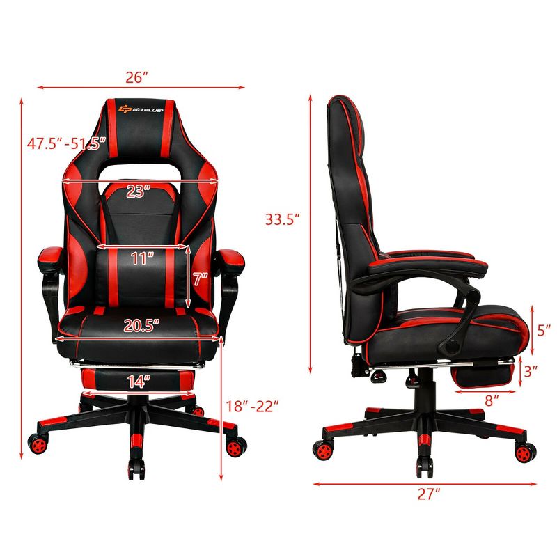 Costway Massage Gaming Chair Reclining Racing Computer Office Chair with Footrest White\ Black\Blue\Red, 3 of 11