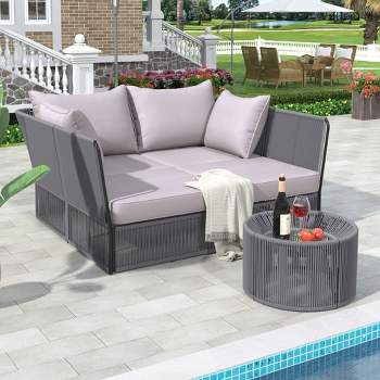2 PCS Outdoor Sunbed Loveseat, Patio Daybed Double Chaise Lounger with Tempered Glass Coffee Table 4M -ModernLuxe