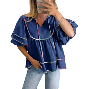 Imily Bela Women's Doll Shirt Top V-Neck Short Lantern Sleeve Blouse Cute Ruffle Flowing Summer Top - 1 of 4