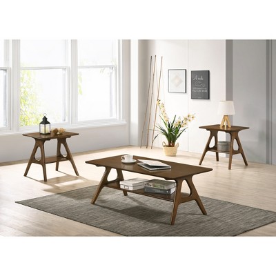 3-Piece Rubberwood Veneer Mid-Century Modern Coffee Table Set with Storage Shelf for Living Room Decor and Functionality