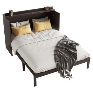 Queen Murphy Bed Frame with USB Port and Storage Drawer for Bedroom Guest Room, Rattan Decoration Pine Wood Bed - 1 of 4