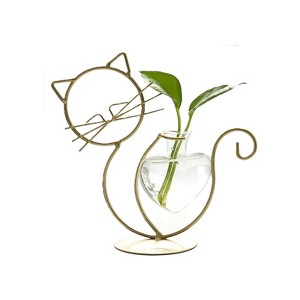 NotArt Nordic Style Glass Hydroponic Vase with Black/Golden Cat-shaped Wrought Iron Decoration - 1 of 4