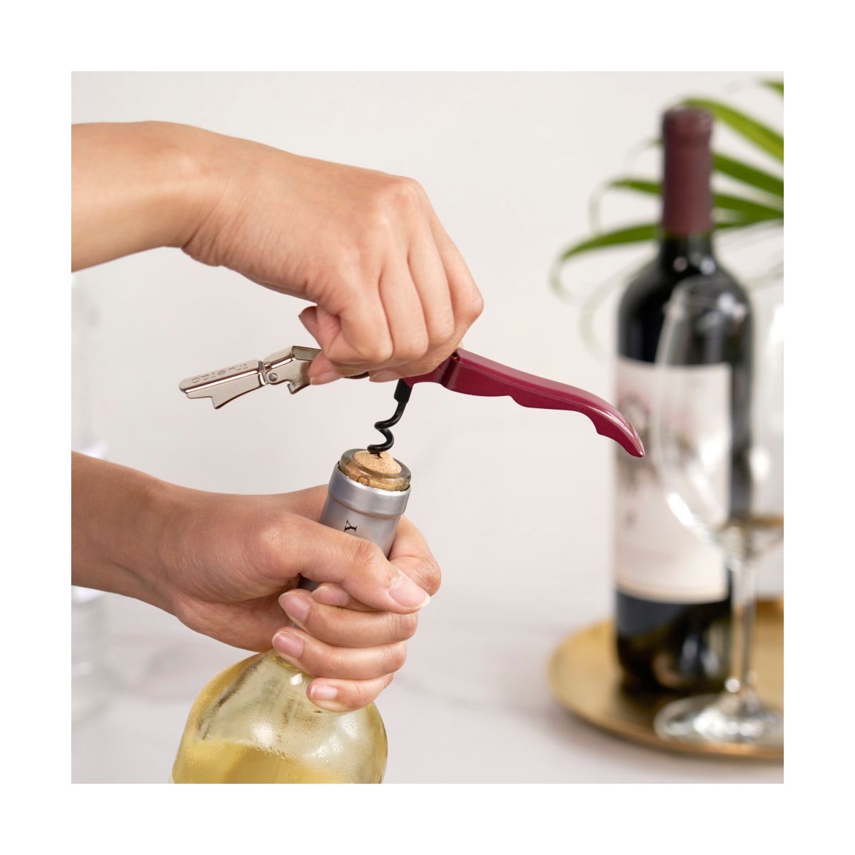 True Truetap Double Hinged Corkscrew Wine Opener, Stainless Steel Wine Key, Built-in Bottle Opener & Foil Cutter, Home Bar Gifts, Travel, Burgundy - thumbnail 5