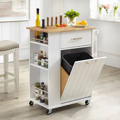 White MDF Kitchen Cart with Rubberwood Top and Spice Rack