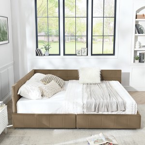 TiramisuBest Queen Size Upholstered Tufted Bed Frame with Storage, Velvet Sofa Bed with Backrest & Armrests, Brown - 1 of 4